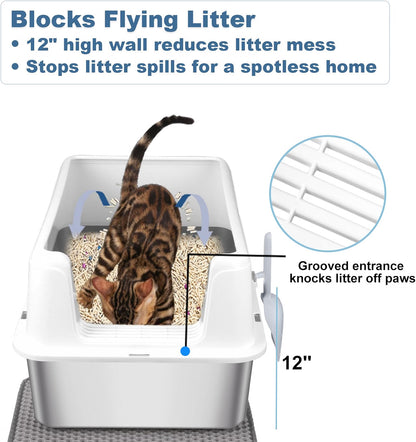 HyperionFlo Essentials Stainless Steel Cat Litter Box with Lid, X-Large High-Sided Covered Metal Litter Pan with Scoop & Dual-Layer Mat, White