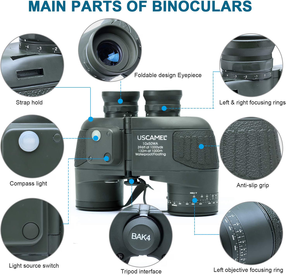 USCAMEL 10X50 Marine Binoculars for Adults, IPX7 Waterproof Binoculars with Illuminated Compass & Rangefinder, BAK4 Prism, Fully Multi-Coated, for Sailing, Boating, Fishing & Outdoor Use