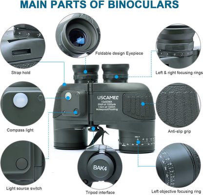 USCAMEL 10X50 Marine Binoculars for Adults, IPX7 Waterproof Binoculars with Illuminated Compass & Rangefinder, BAK4 Prism, Fully Multi-Coated, for Sailing, Boating, Fishing & Outdoor Use