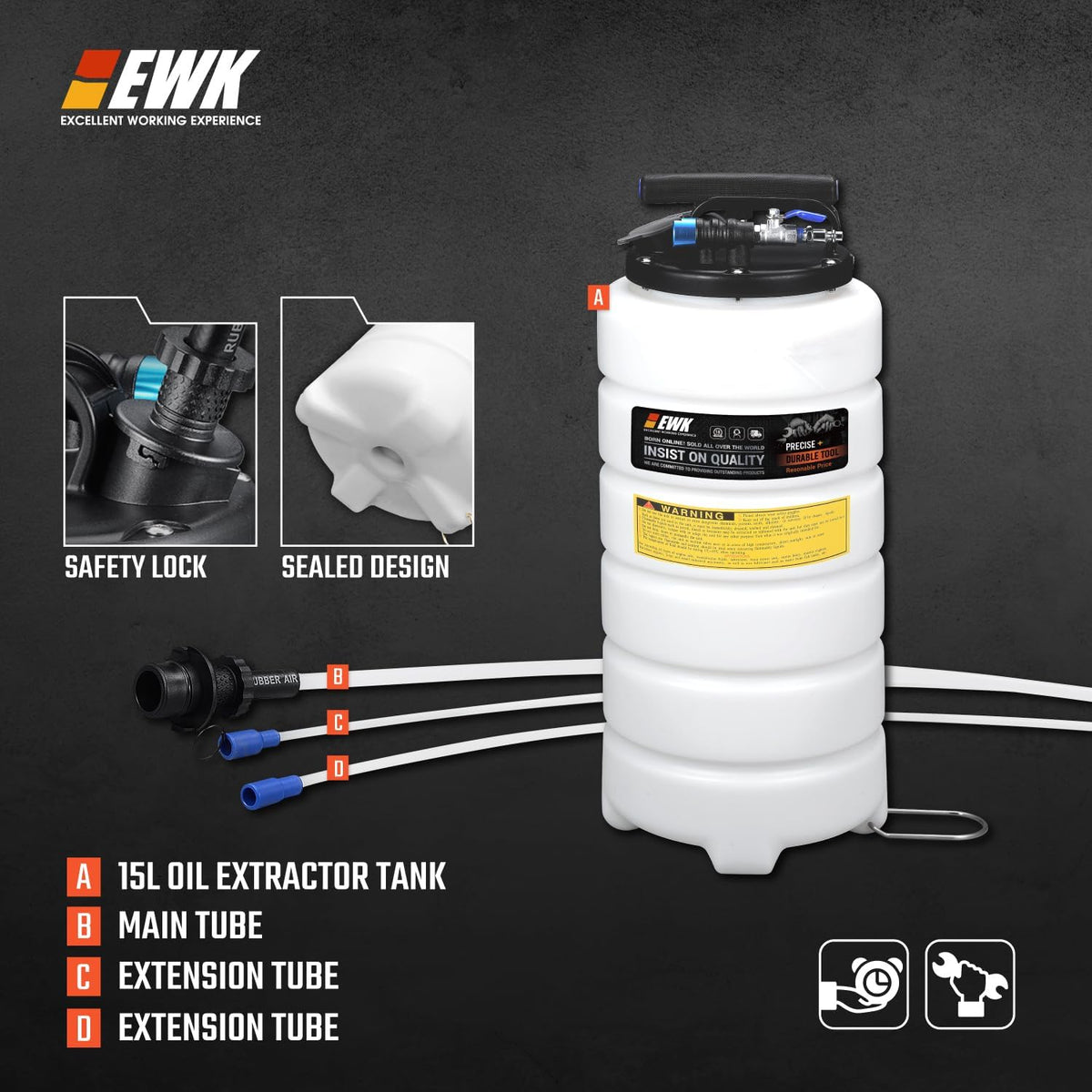 EWK 15L Pneumatic/Manual Oil Extractor Pump, EB0244 Fluid Evacuator for Engine Oil, ATF, Coolant & Power Steering Fluid, 40–170 PSI