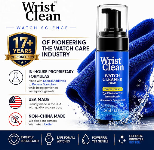 WristClean Royal Watch Cleaning Kit, 5-Piece Watch Cleaning Set with 100ML Foam Cleaner, Drying Towel, 2 Non-Scratch Brushes & Microfiber Pouch, USA Made