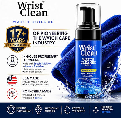 WristClean Royal Watch Cleaning Kit, 5-Piece Watch Cleaning Set with 100ML Foam Cleaner, Drying Towel, 2 Non-Scratch Brushes & Microfiber Pouch, USA Made