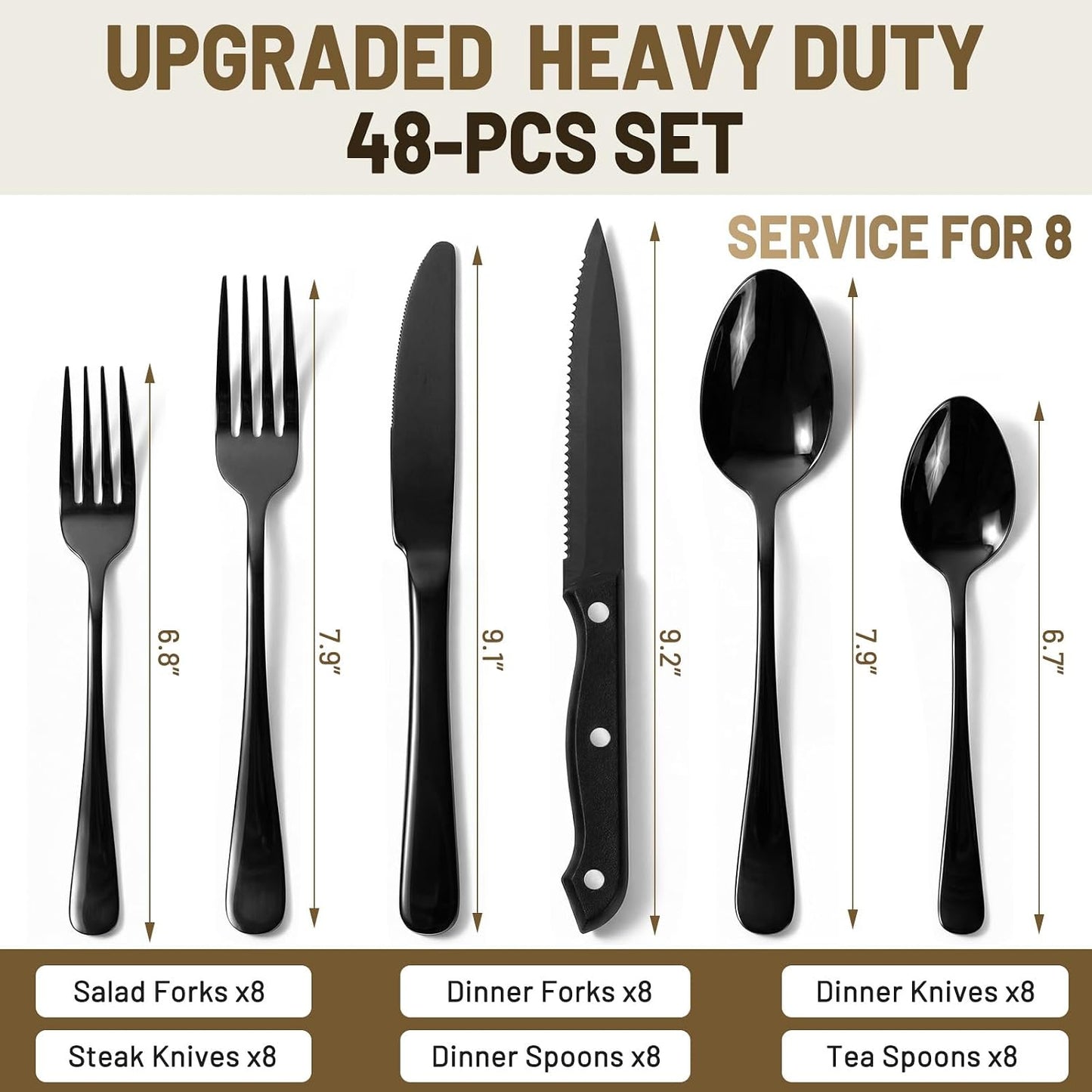 48 PCS NO-FADING Black Silverware Set with Steak Knives, Flatware for 8 Titanium Black Finish, Rust Resistant, Food-Grade Stainless Steel Cutlery Utensils Set, Mirror Polished & Dishwasher Safe