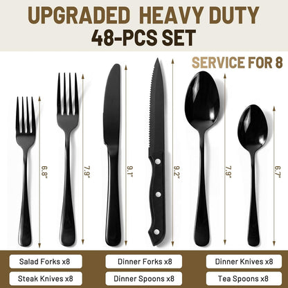 48 PCS NO-FADING Black Silverware Set with Steak Knives, Flatware for 8 Titanium Black Finish, Rust Resistant, Food-Grade Stainless Steel Cutlery Utensils Set, Mirror Polished & Dishwasher Safe
