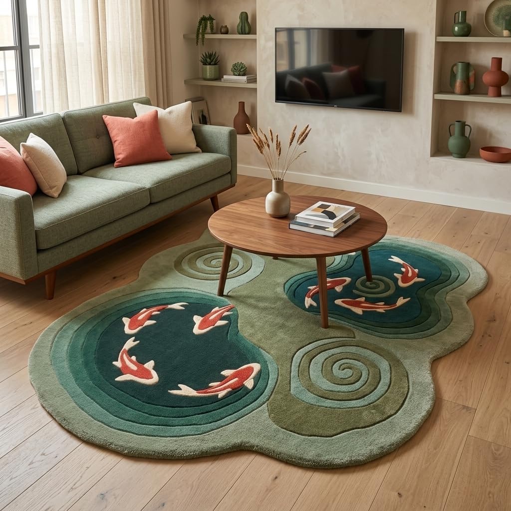 Koi Fish Pond Shaped Wool Rug, Hand-Tufted Green Zen Garden Area Rug with Koi & Water Spirals, Japanese Irregular Carpet for Living Room & Bedroom, Feng Shui Decor, 7x10 ft (213 x 304 cm)