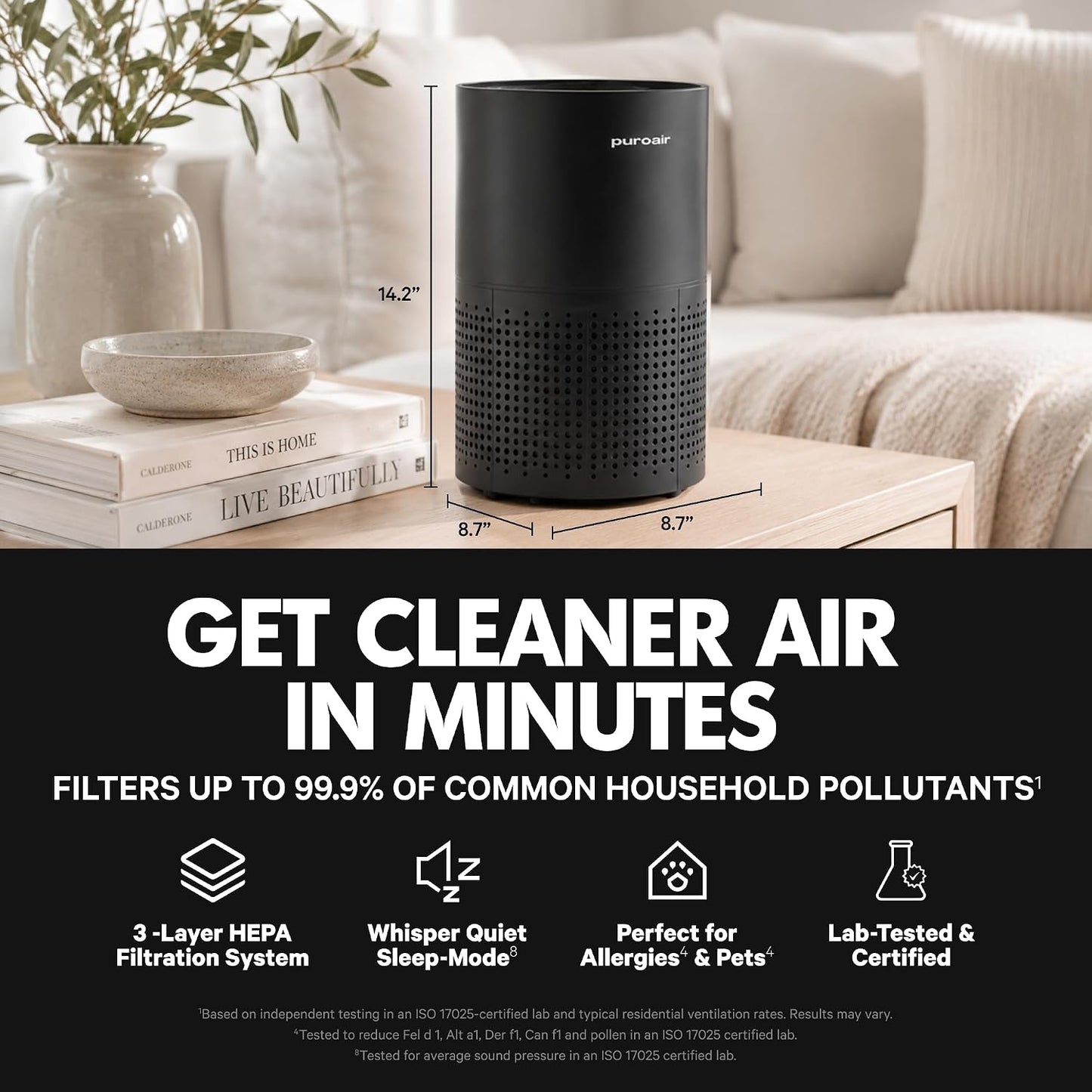PuroAir 240 HEPA Air Purifiers for Home Pets Bedroom - Filter 1,000 Ft² 3-Layer Air Filter with CarbonTech for Smoke, Odor, Allergies is 500X Stronger - Auto Air Quality Sensor, Quiet Sleep Mode