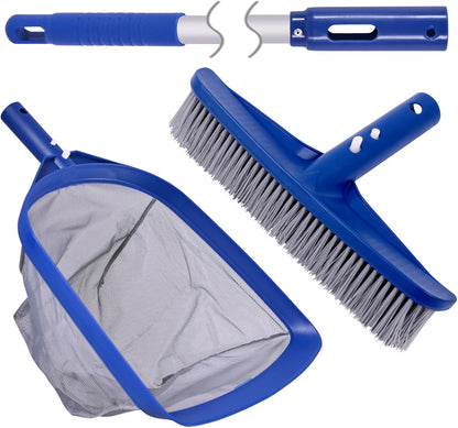 POOLAZA 3-in-1 Pool Cleaning Kit, Pool Skimmer Net, Pool Brush & 50-Inch Aluminum Pole, Fine Mesh Pool Leaf Skimmer with Nylon Bristles for Pool, Spa, Hot Tub & Pond