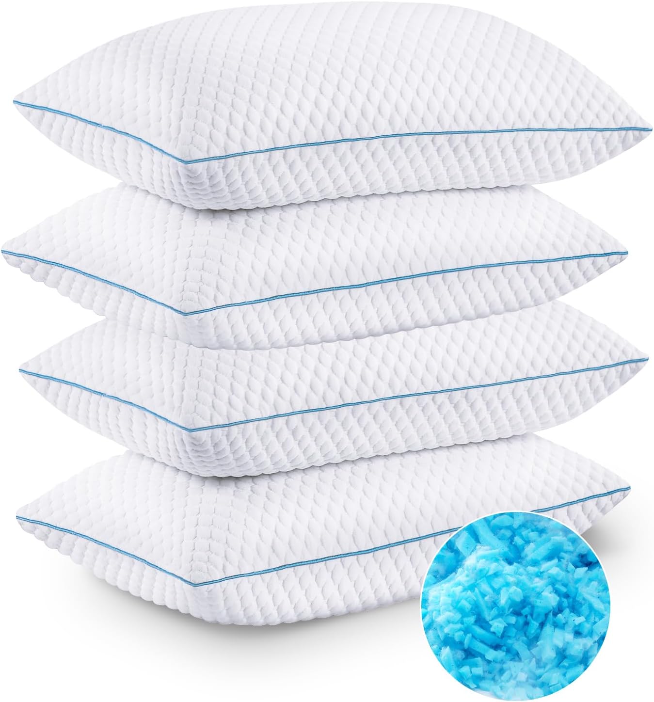 Cooling Shredded Memory Foam Bed Pillows, Queen Size, Set of 4, 20 x 30 in Adjustable Firm, Supportive, Breathable, Hypoallergenic, Odorless, Luxury, Cool Gel pillows for Side Back Stomach Sleepers