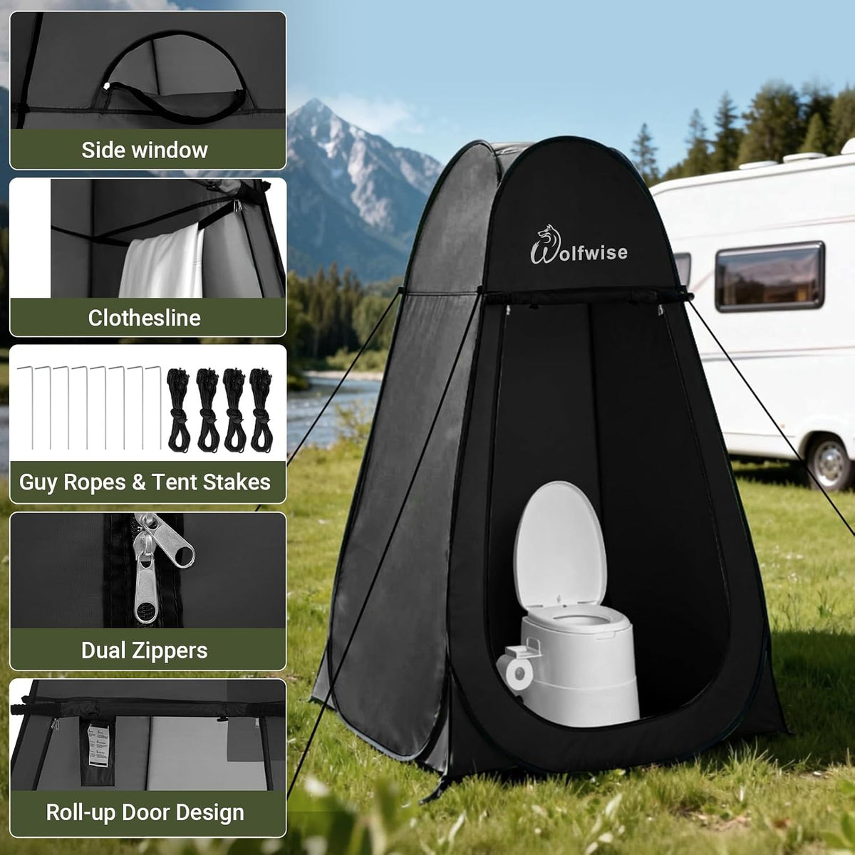 WolfWise Pop Up Shower Tent, Portable Privacy Tent for Camping, Beach & Hiking, Waterproof Changing Room & Toilet Shelter with UPF30+ Protection, Black