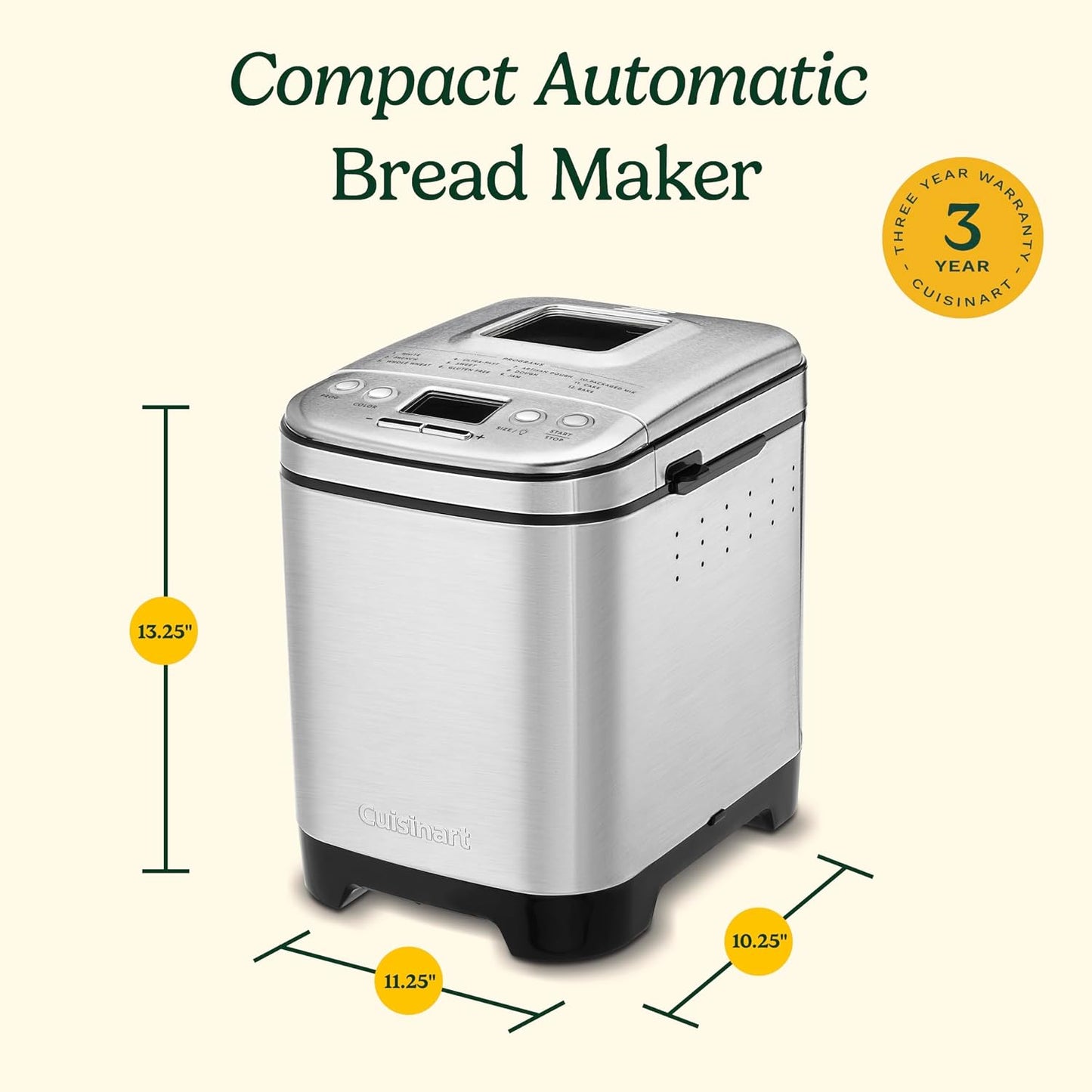 Cuisinart Bread Maker Machine, Stainless Steel, 12 Programs, Up to 2 lbs Compact automatic bread maker with 12 menu options, 3 crust colors & sizes, LCD display, 13-hr delay-start timer, CBK-110P1ES
