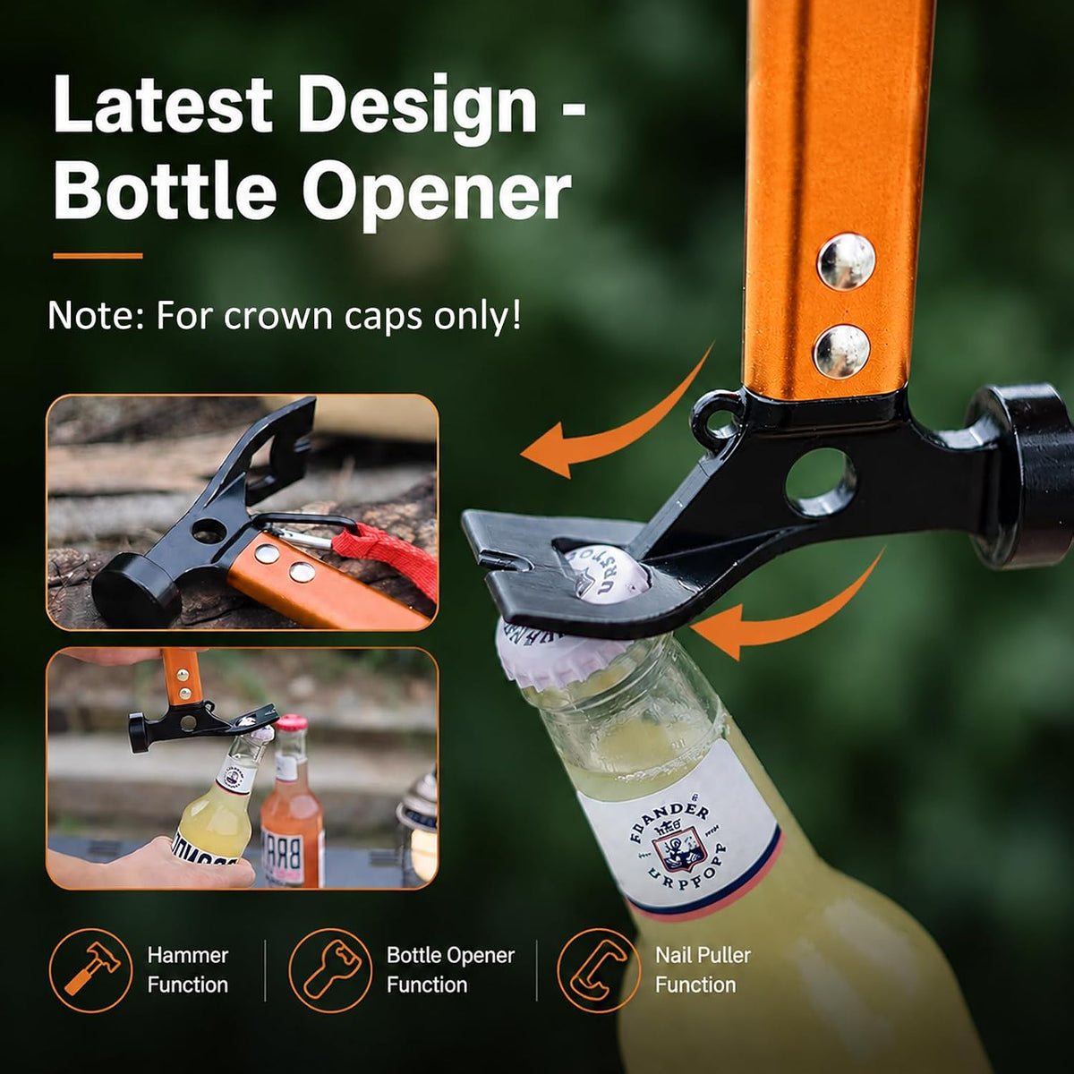 RIY 12" Carbon Steel Aluminum Camping Hammer, Lightweight 3-in-1 Tent Stake Hammer with Stake Puller, Corkscrew & Reflective Cord, Orange
