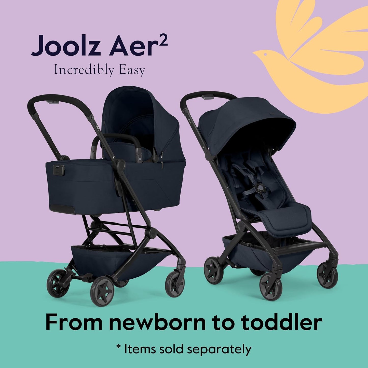 Joolz Aer² Lightweight Travel Stroller for Baby & Toddler, One-Hand Fold, Compact Airplane-Compatible Stroller, Full Recline, UPF 50+ Canopy, Travel Pouch & Baby Net, Dark Navy Blue