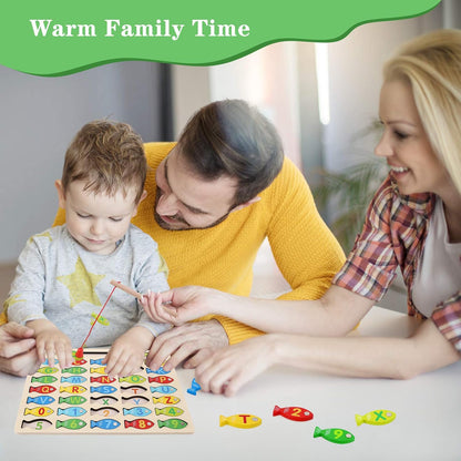 NASHRIO Magnetic Wooden Fishing Game for Kids, Alphabet & Number Fish Catching Puzzle, Wooden Preschool Learning Toy for Ages 3–5, ABC Math & Counting Educational Game
