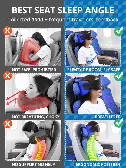 SARISUN Travel Pillows for Airplanes, Stable Head Support, Travel Essential Airplane Pillow with 3D Eye Mask, Seat Strap Secures to Headrest, Stop Bobblehead, for Long Flight Road Trip Sleeping, Black