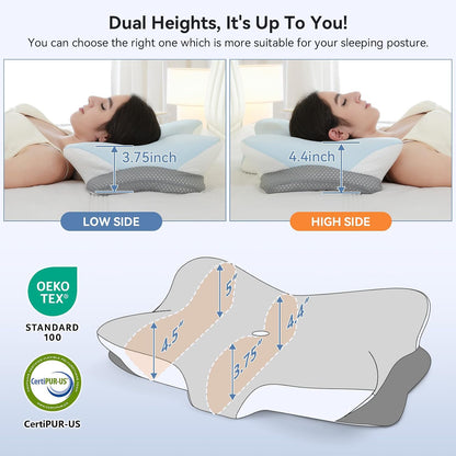 Ergonomic Memory Foam Cervical Pillow for Neck Pain Relief Contour Design,Odorless Orthopedic Pillows for Shoulder Support with Dual Heights, for Side Back Stomach Sleepers, Grey