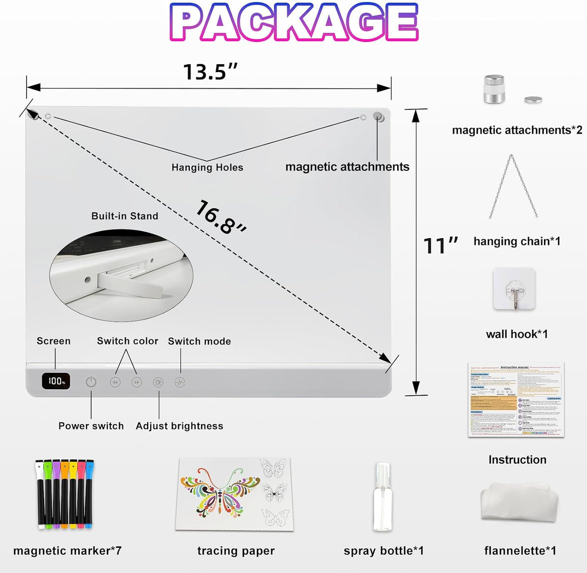 Cosmody Rechargeable LED Drawing Board for Kids Ages 3+, 16-Inch Light Up Neon Drawing Pad with 8 RGB Colors & 6 Modes, Tracing Book, Markers & Stand, White