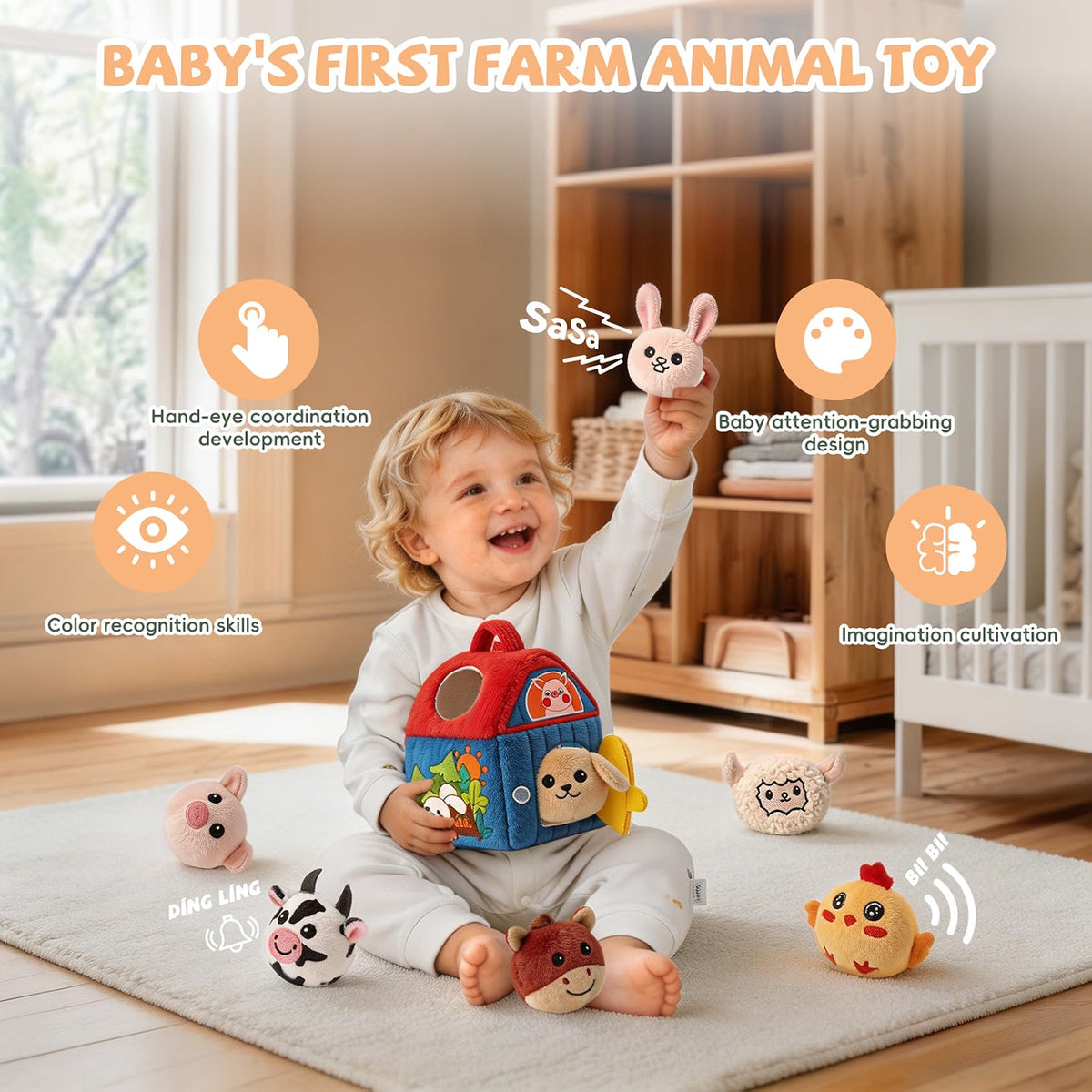 Montessori Farm Toy for Babies, Plush Barn with 7 Soft Animal Toys