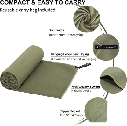 Rainleaf Microfiber Towel, 48 x 24 Inch Quick-Dry Camping, Travel & Gym Towel, Super Absorbent Lightweight Compact Bath Towel, Army Green