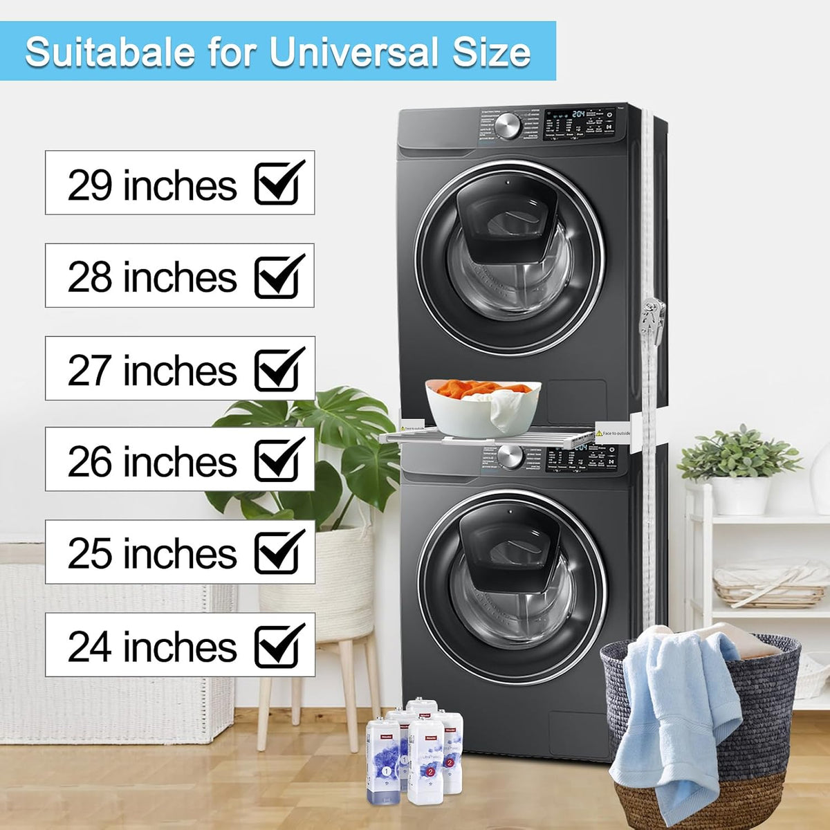 Washer Dryer Stacking Kit 29 inch - Universal Washer and Dryer Stacking Kit with Pull Out Drying Rack - Adjustable 29"/28"/27"/26"/25"/24" Stacking Kit with Ratchet Strap - Space-Saving