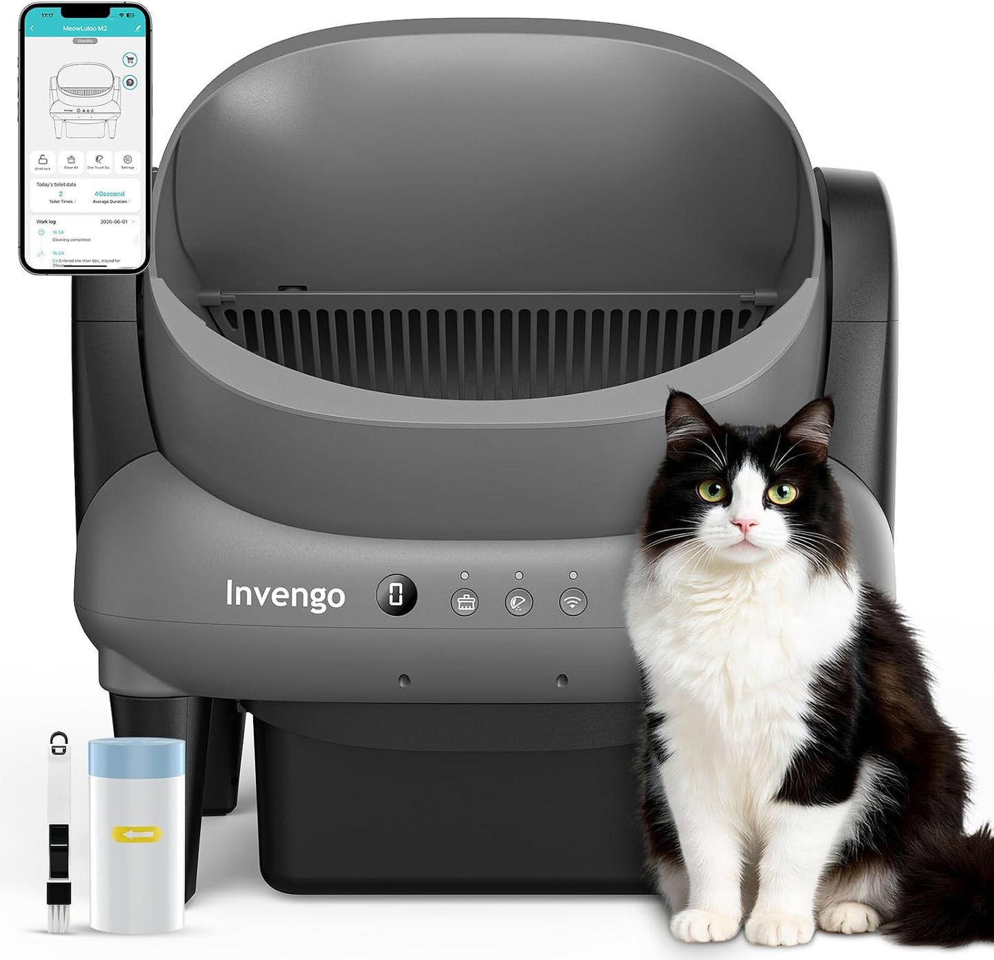 Invengo Automatic Self-Cleaning Cat Litter Box, Open Top Design with Safety Sensors and Anti-Pinch Protection, Smart Automatic Litter Box for Small & Medium Cats and Multi-Cat Homes, Charcoal Grey