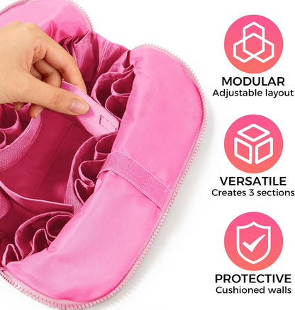 HyperionFlo Essentials Travel Makeup Organizer Bag, Fold-Down Cosmetic Organizer with Adjustable Dividers, 27 Pockets & 3 Brush Holders, Large Capacity Toiletry Case, Pink