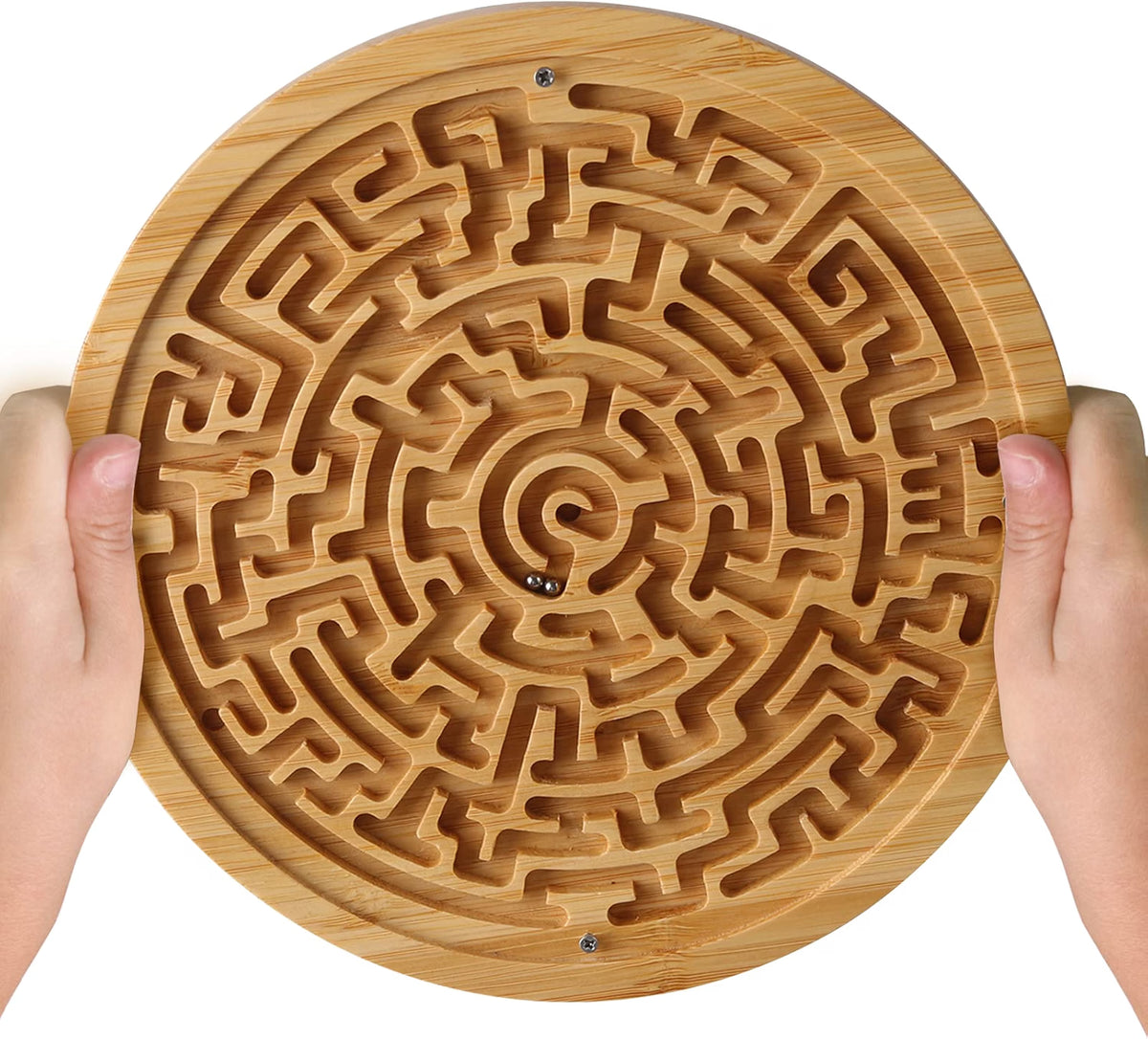 CHILLKITYPET Round Wooden Labyrinth Board Game, Wooden Marble Maze with Two Metal Balls, Brain Teaser Puzzle for Kids, Teens & Adults, Portable Tabletop Activity Game