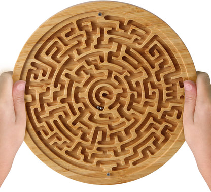 CHILLKITYPET Round Wooden Labyrinth Board Game, Wooden Marble Maze with Two Metal Balls, Brain Teaser Puzzle for Kids, Teens & Adults, Portable Tabletop Activity Game