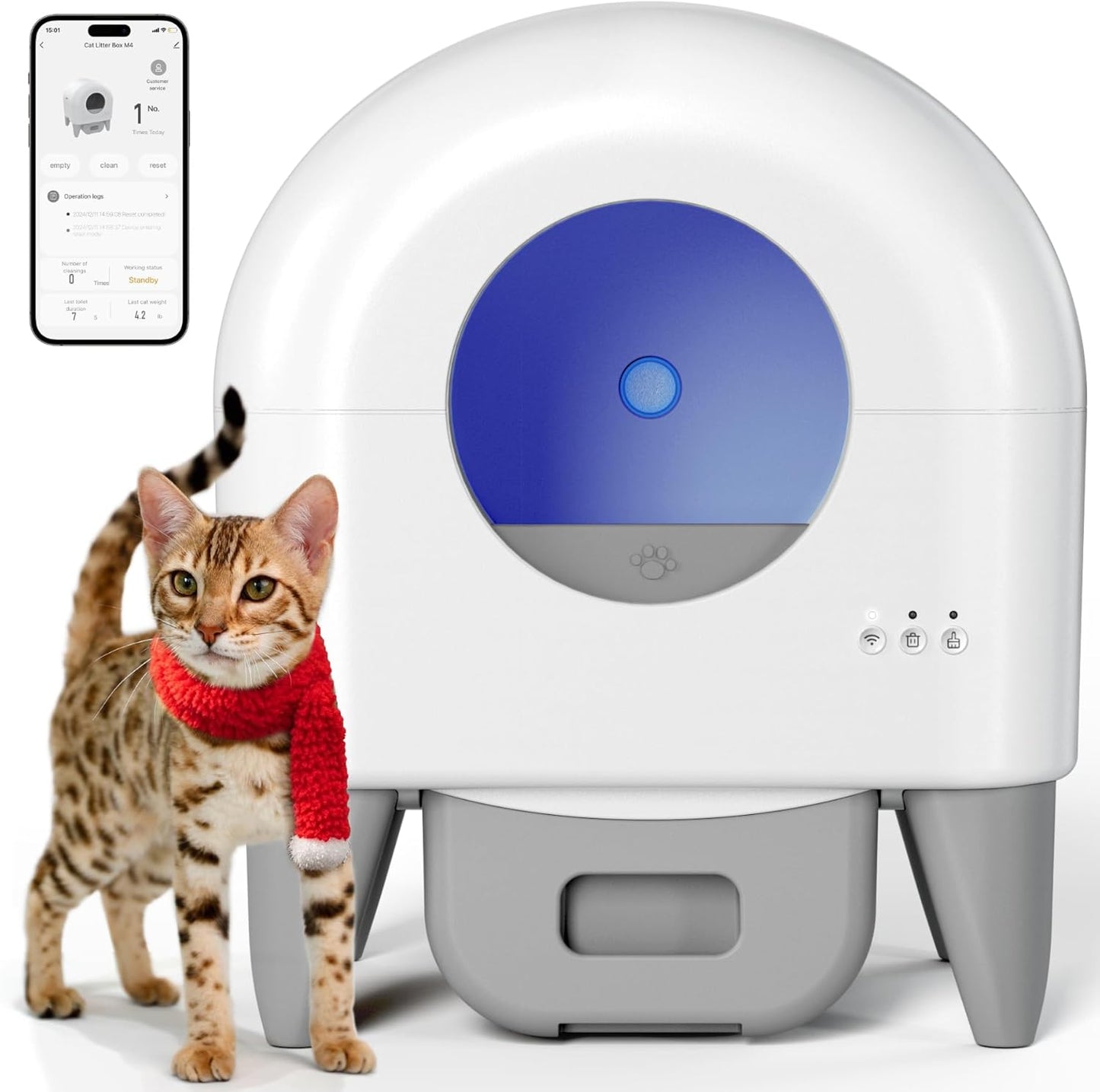 Fumoi Automatic Litter Box with App Control, Safety Sensor, Washable Litter Trays, 95L Large Capacity, White & Grey