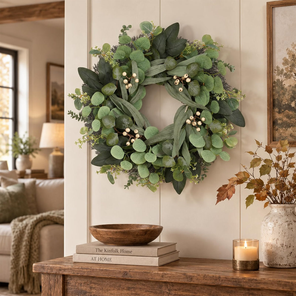 HyperionFlo Essentials 24-Inch Artificial Eucalyptus Wreath for Front Door, Greenery with White Berries, Fall & Year-Round Home Decor