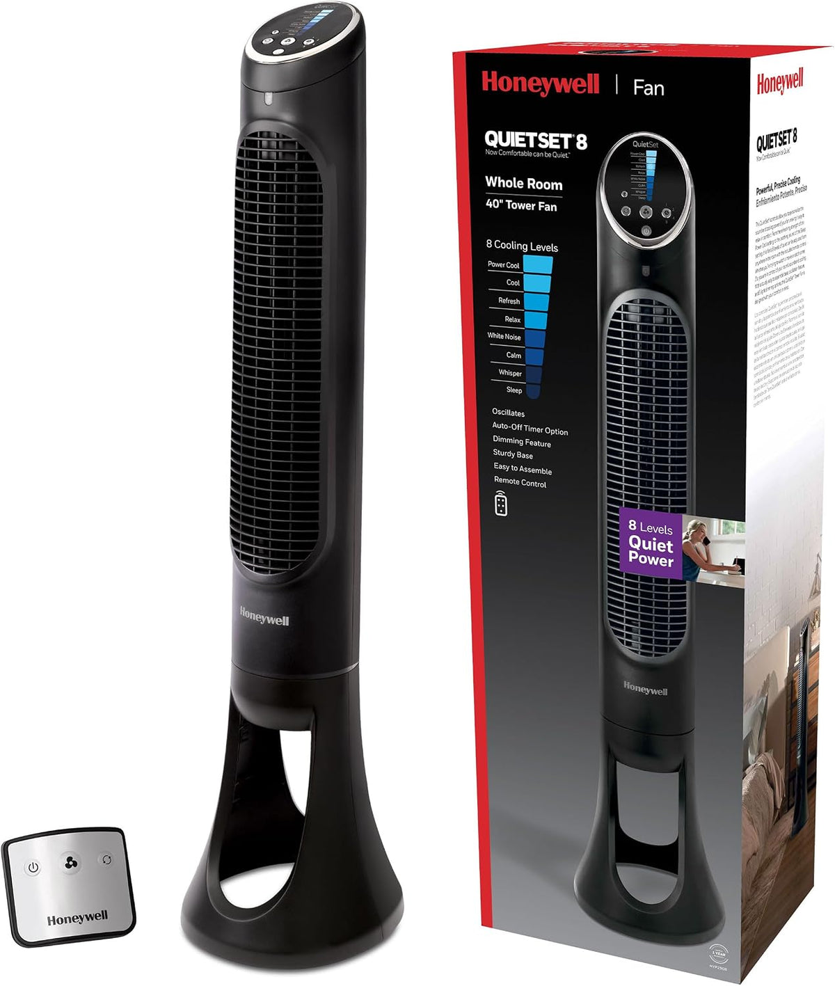 Honeywell QuietSet Whole Room Tower Fan, Oscillating Tower Fan with Remote, Black, HYF290B