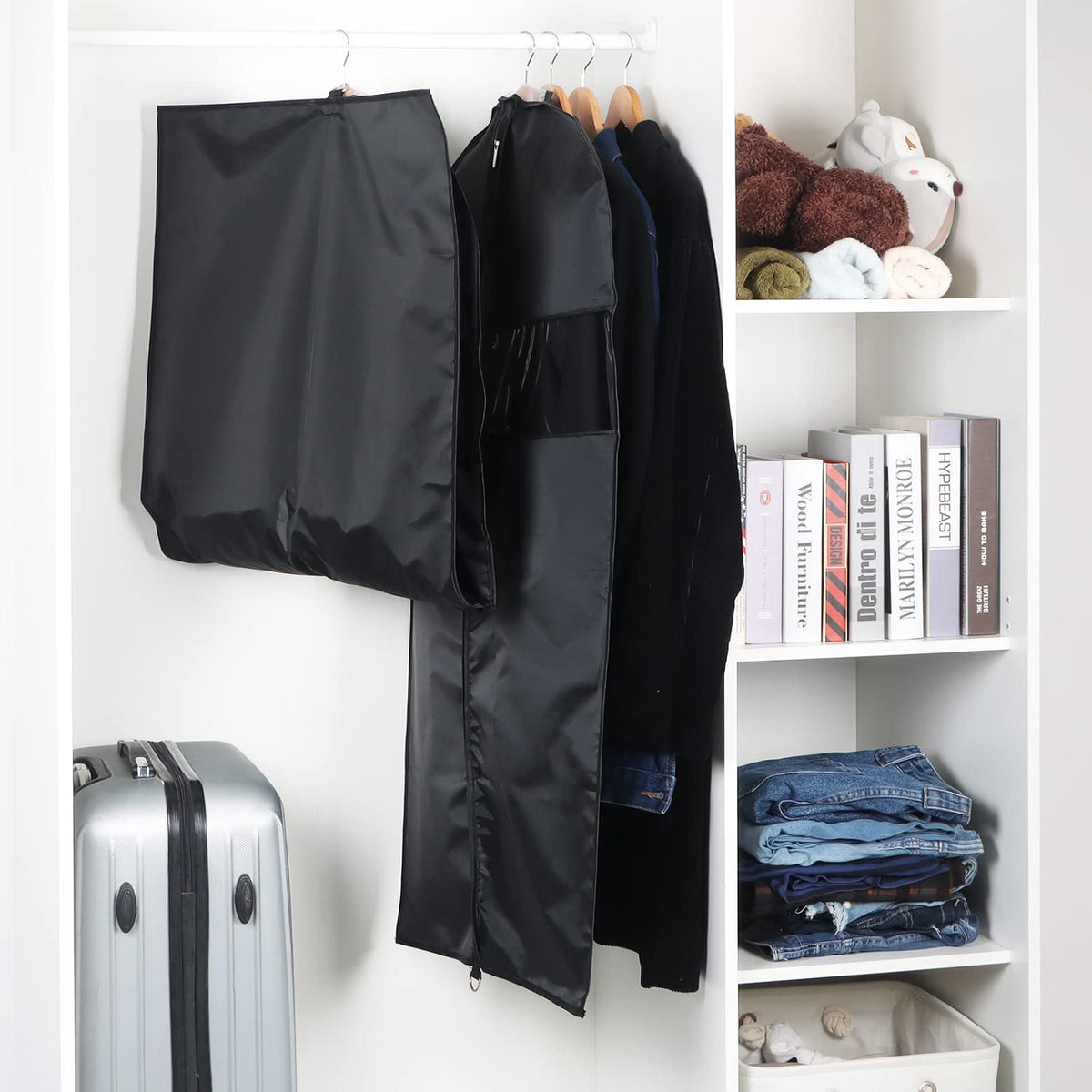 Univivi Garment Bags for Storage & Travel, 43-Inch Suit Covers, 5-Pack Washable Oxford Fabric Clothing Bags with Transparent Window & Zipper, Black