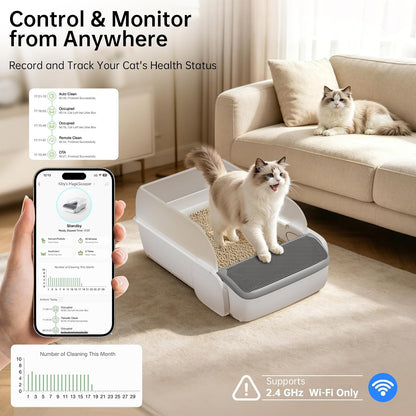 Self Cleaning Cat Litter Box, Open Top Automatic Litter Box, App Control Anti-Pinch Safety Sensors, 6.5L Waste Drawer with Odor Control, 20 Waste Bags, Large Capacity for Big Cats & Multi-Cat Homes