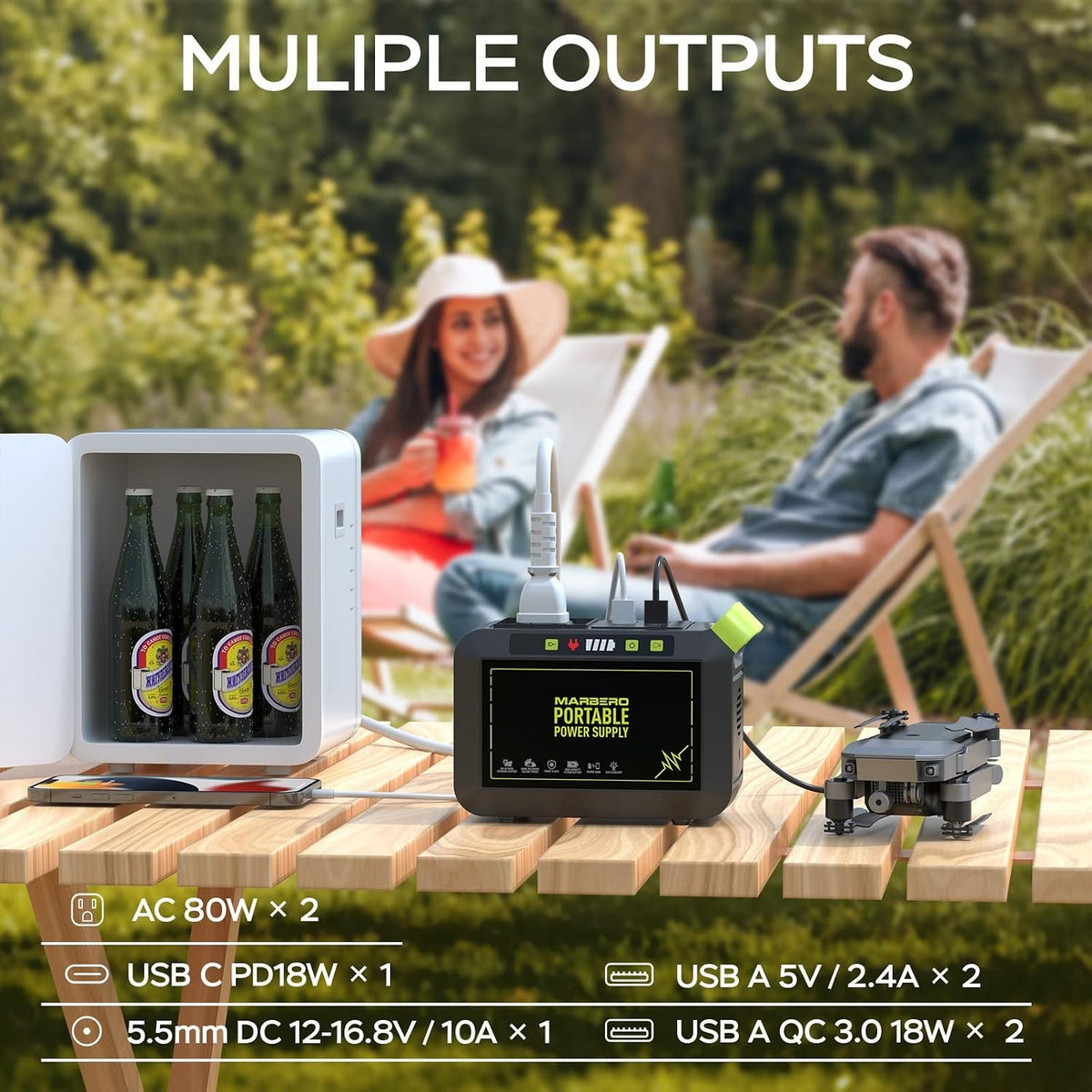 MARBERO Portable Power Station 88Wh, 120W Surge, 24,000mAh Power Bank with 110V AC Outlet, 8 Output Ports for Camping, Home Backup, Outdoor Emergency, Hunting & Fishing
