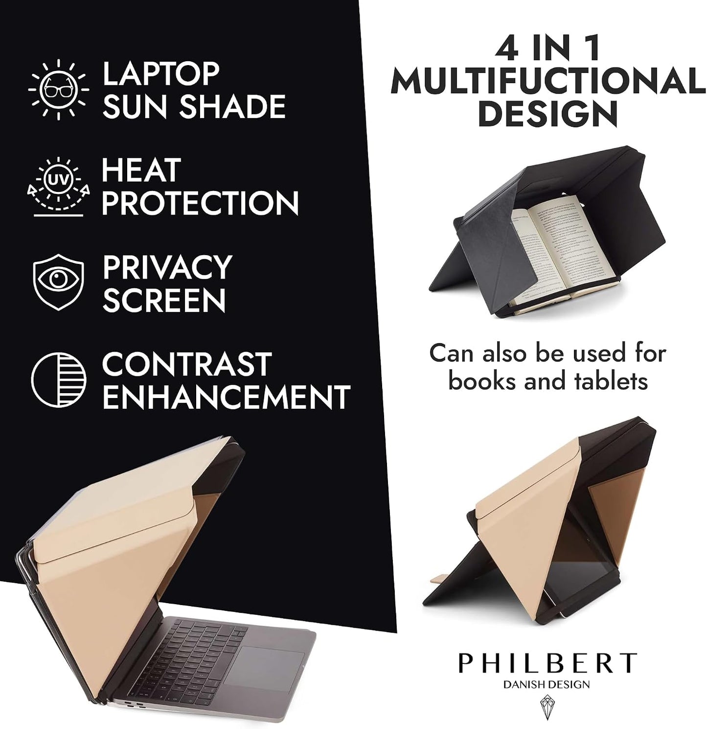 4-in-1 Laptop Screen Shade – Original Lux Hood – Sun, Privacy, Heat & Contrast Protection, Freestanding with Pocket, Fits 15–16” MacBook & PC, Patented, Beige | PHILBERT Danish Design