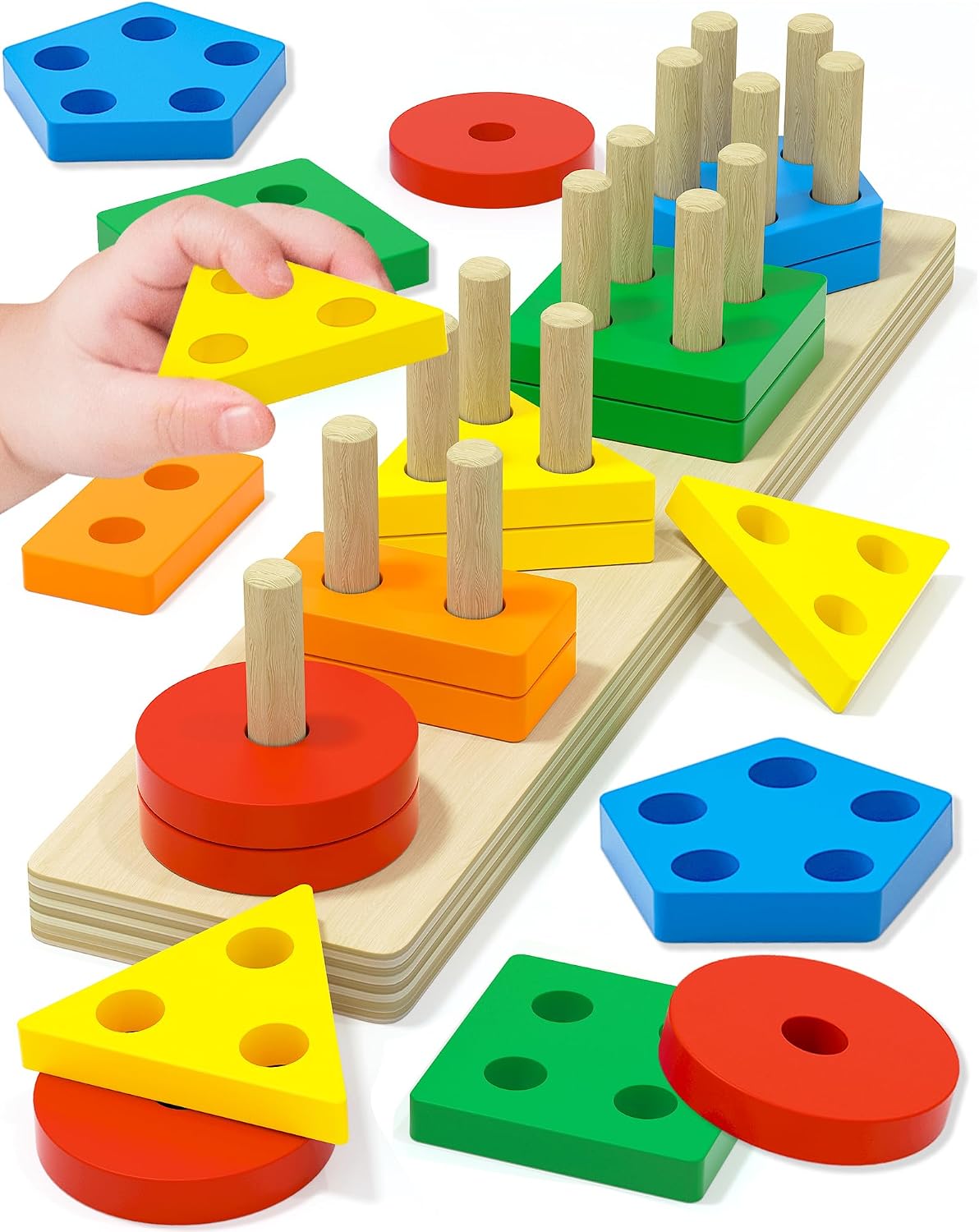 Tonberless Montessori Toys for Toddlers 1-3 Years, Wooden Sorting & Stacking Puzzle with 20 Pieces, Shape & Color Recognition Learning Toy for Boys & Girls