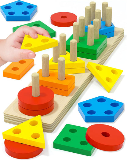 Tonberless Montessori Toys for Toddlers 1-3 Years, Wooden Sorting & Stacking Puzzle with 20 Pieces, Shape & Color Recognition Learning Toy for Boys & Girls