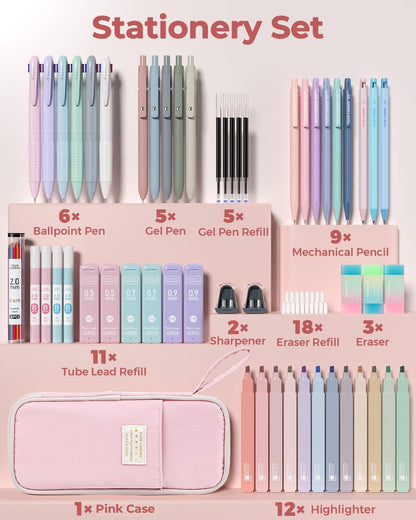 Four Candies 56-Piece School Supplies Set with Pink Pencil Case, Mechanical Pencils, Gel Pens, Ballpoint Pens, Highlighters and Refills