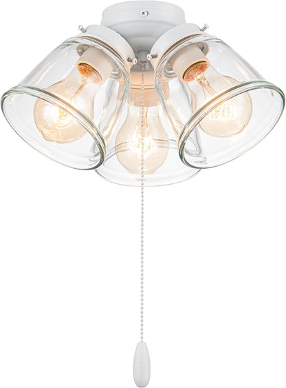 Aspen Creative 22013-1, Three-Light Ceiling Fan Light Kit with Pull Chain, Matte White Finish with Clear Glass Shades, 13-1/8" Diameter x 6-3/4" Height