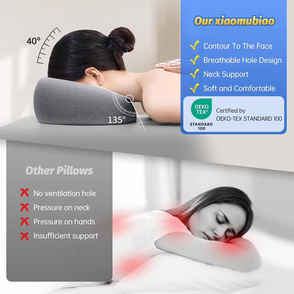 xiaomubiao Face Down Pillow for Massage Table, Memory Foam Face Cradle for Bed & Stomach Sleeping, Breathable Prone Rest Pillow with Removable Washable Cover, Gray