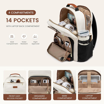 LOVEVOOK Laptop Backpack for Women, 15.6-Inch Laptop Travel Backpack with Large Capacity Cup Pocket, Waterproof Work Business College Backpack, Beige-Black-Chestnut Brown