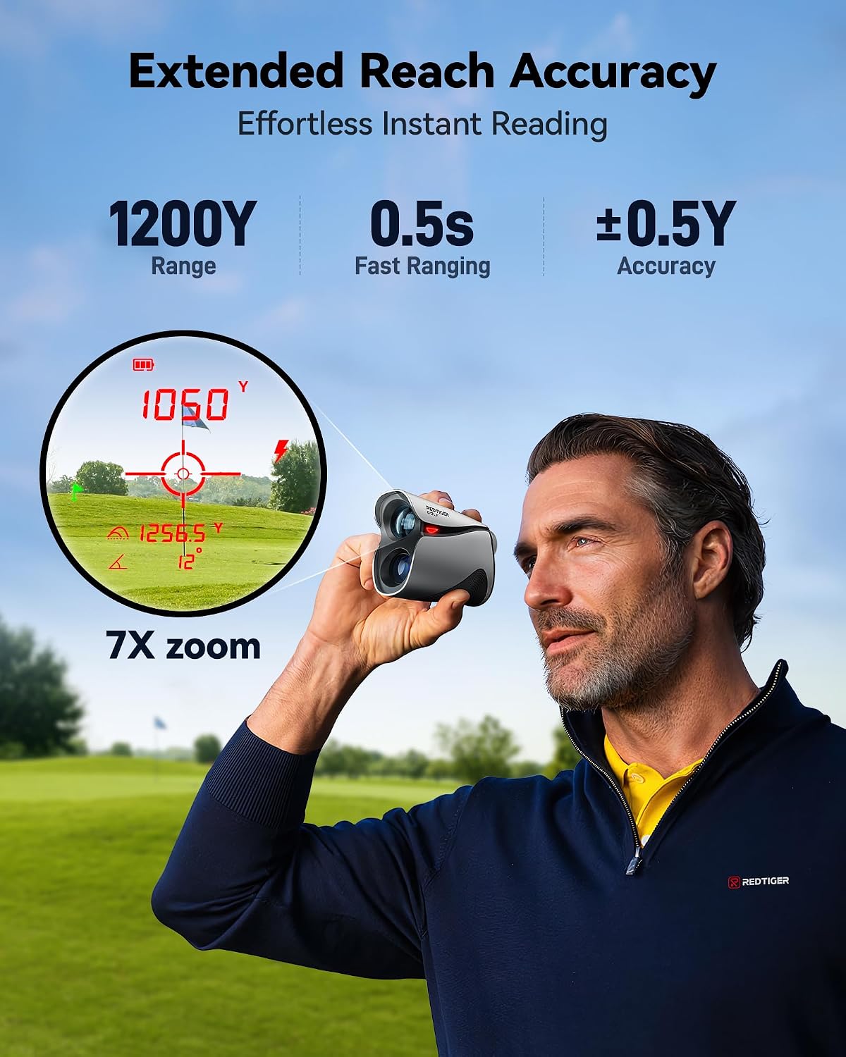 Telémetro de golf REDTIGER OLED con pendiente, 1200 yardas, magnético con aumento de 7x, vibración de bloqueo de bandera, recargable, resistente al agua IP54, batería para 36 hoyos, conmutable metros/yardas