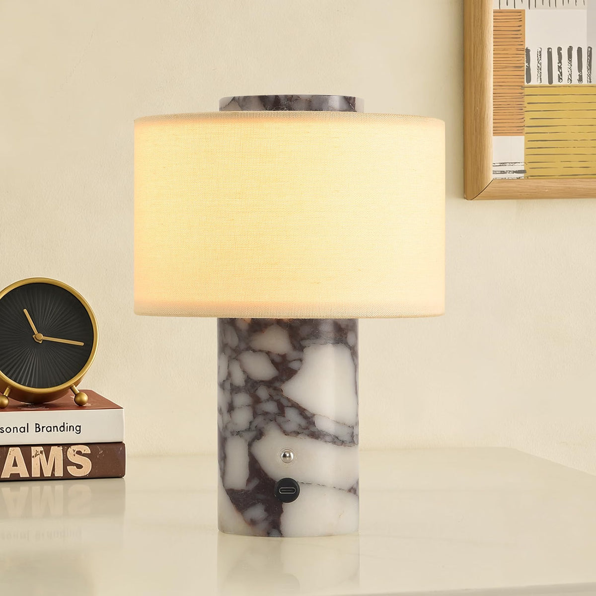 HyperionFlo Essentials Calacatta Viola Stone Cordless Table Lamp, Rechargeable 4000mAh LED Touch Lamp, 3 Color Temperatures, Dimmable, Off-White Linen Shade