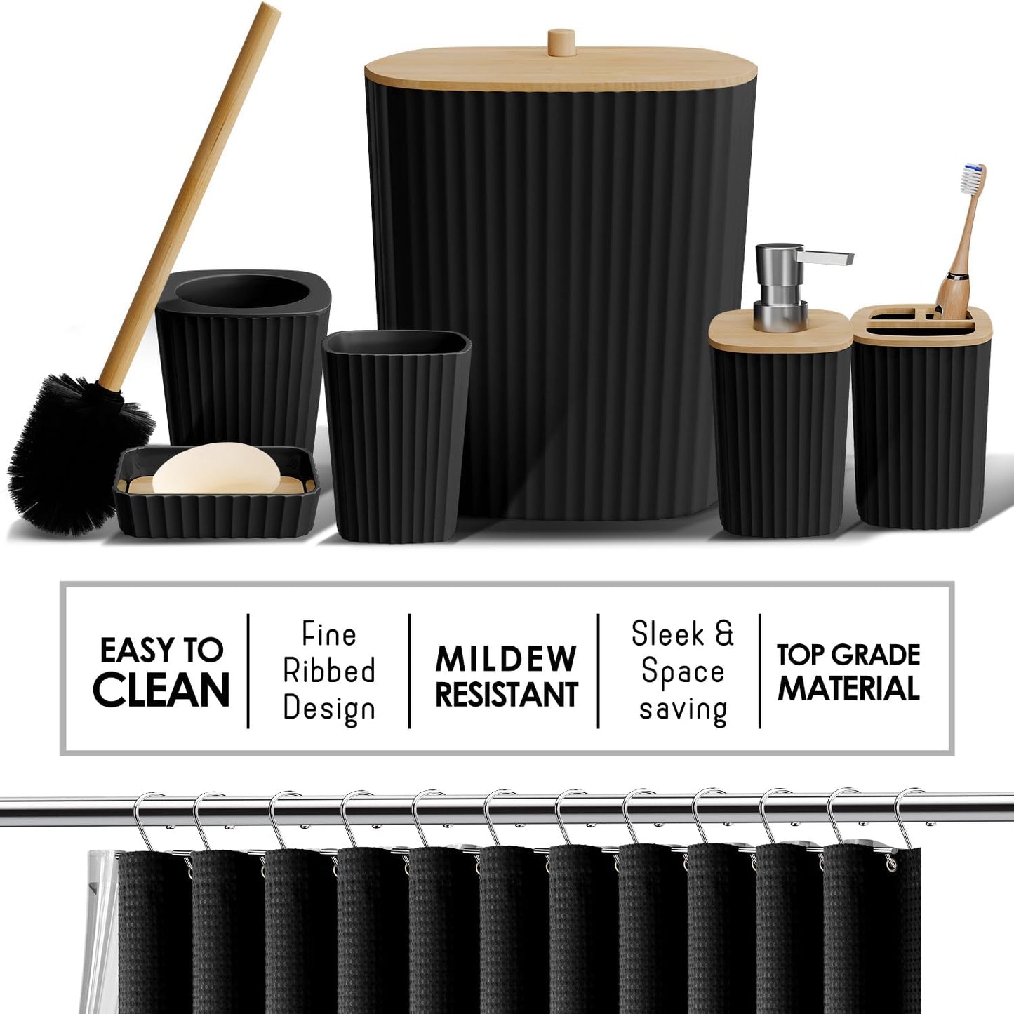 Clara Clark Black Bathroom Set, Shower Curtain Set, Bathroom Accessory Set