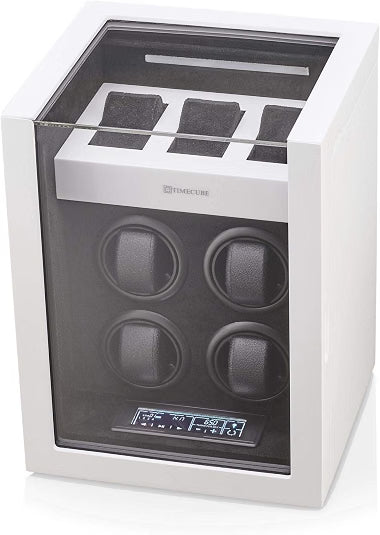 TIMECUBE Watch Winder for 4 Watches with 15 Winding Programs, 3 Watch Storage Slots, LED Interior Light & Touchscreen Display, White