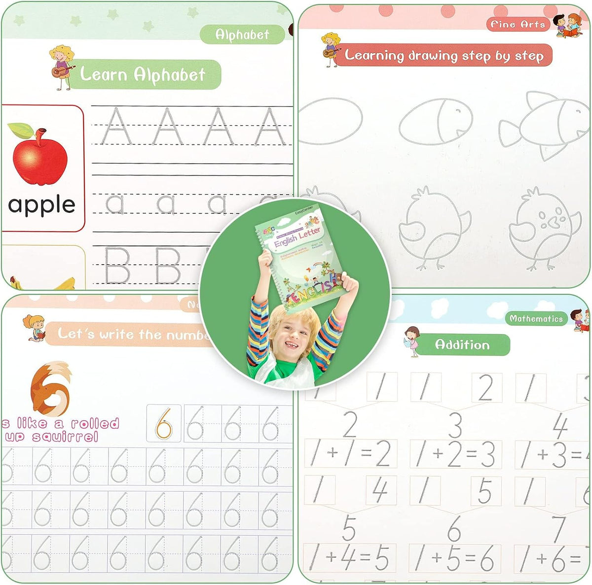CosyCorner Magic Ink Copybooks for Kids, 4-Pack Reusable Handwriting Workbooks with 3D Grooves, Pen Holding Aid, Letters, Numbers & Math Practice