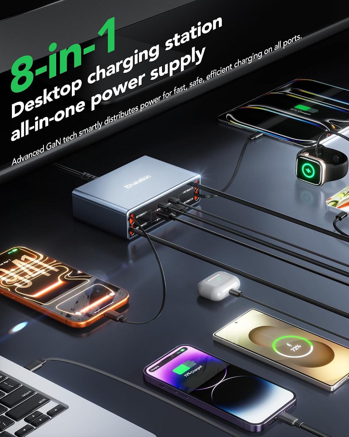HATALKIN 8-in-1 Retractable Charger | 105W GaN Charging Station with USB-C & USB-A Ports for iPhone, Samsung Galaxy, Pixel, iPad & More
