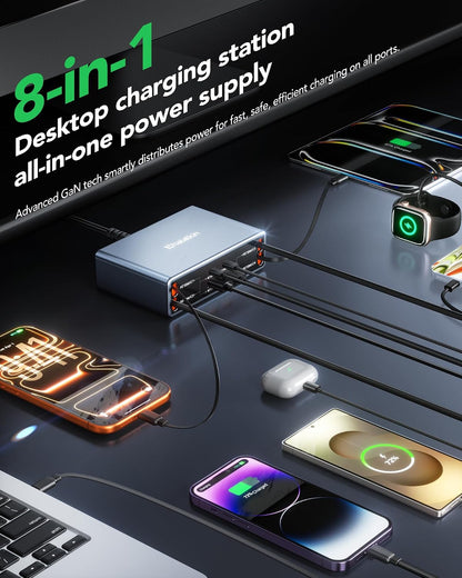 HATALKIN 8-in-1 Retractable Charger | 105W GaN Charging Station with USB-C & USB-A Ports for iPhone, Samsung Galaxy, Pixel, iPad & More