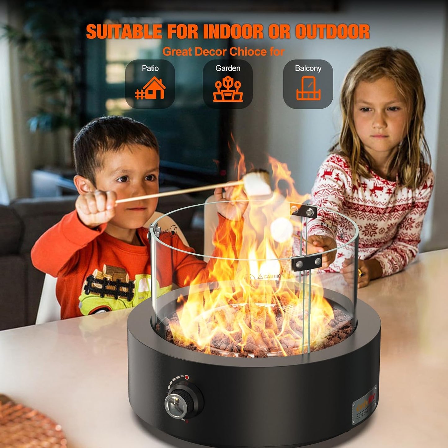 15.7" Gas Fire Pit Bottom-Mounted for Table with Umbrella Hole, FP039 Portable Smokeless Propane Fireplace with Lava Rocks & Glass Shield for Outdoor Patio Backyard Camping RV Tailgating, Round