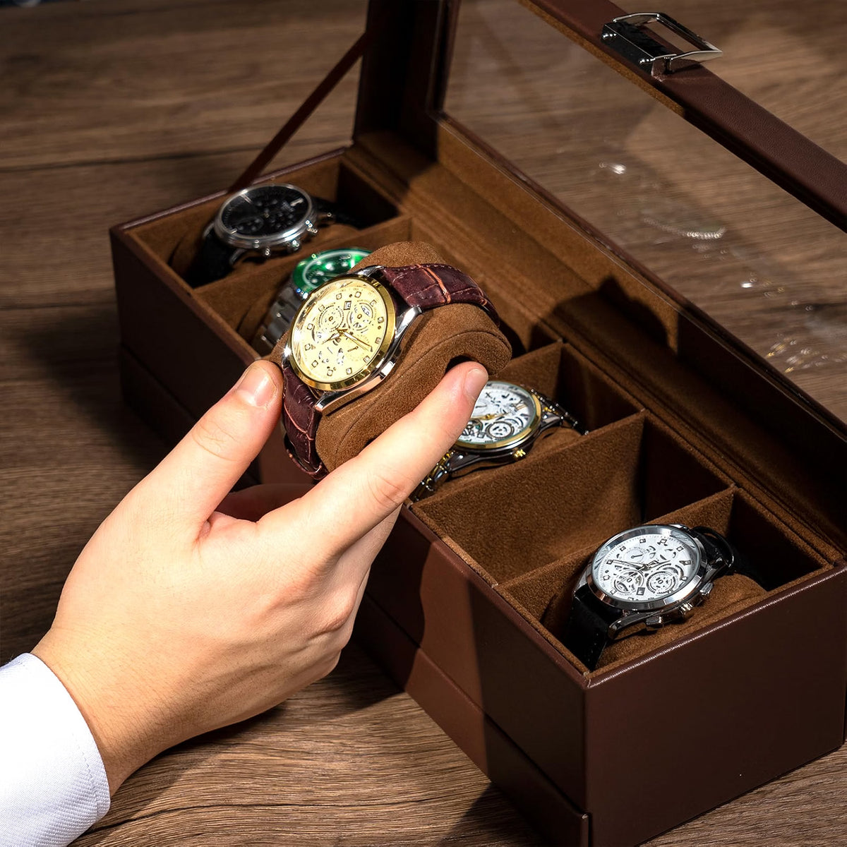 ProCase Watch Box, 6-Slot Watch Display Case with Drawer, 2-Layer Glass Lid Watch Organizer with Faux Leather & Velvet Interior, Espresso
