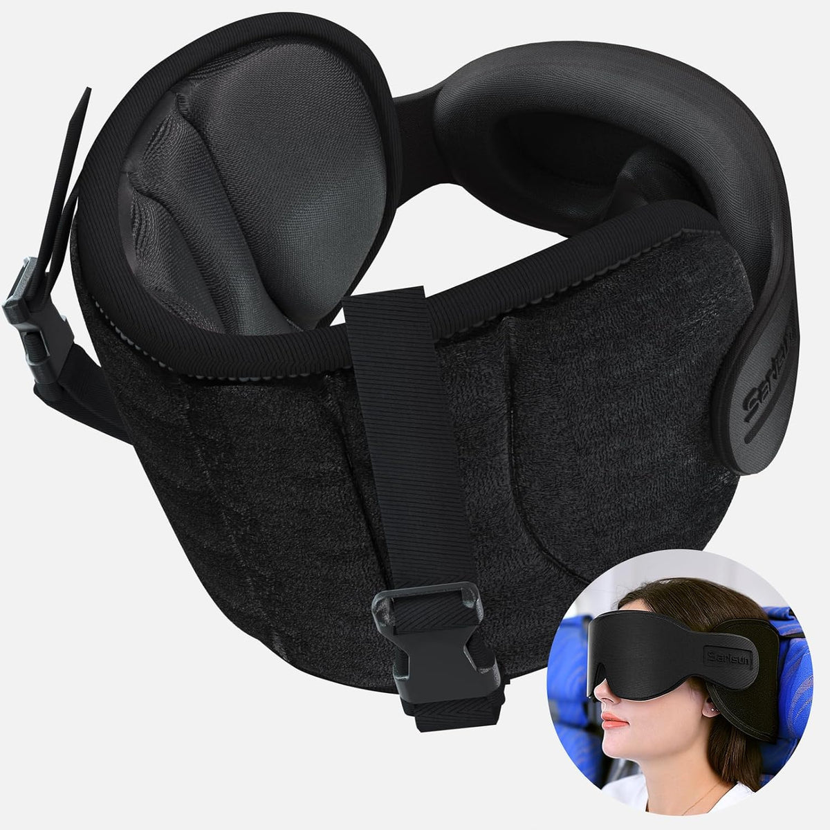 SARISUN Travel Pillows for Airplanes, Stable Head Support, Travel Essential Airplane Pillow with 3D Eye Mask, Seat Strap Secures to Headrest, Stop Bobblehead, for Long Flight Road Trip Sleeping, Black